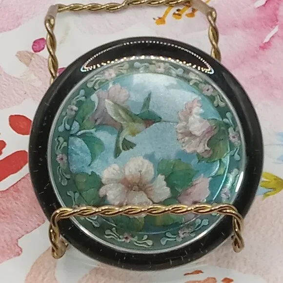 HUMMINGBIRD Floral Round Glass PAPERWEIGHT England Enesco Corp Vintage 3 1/2" - Picture 3 of 5